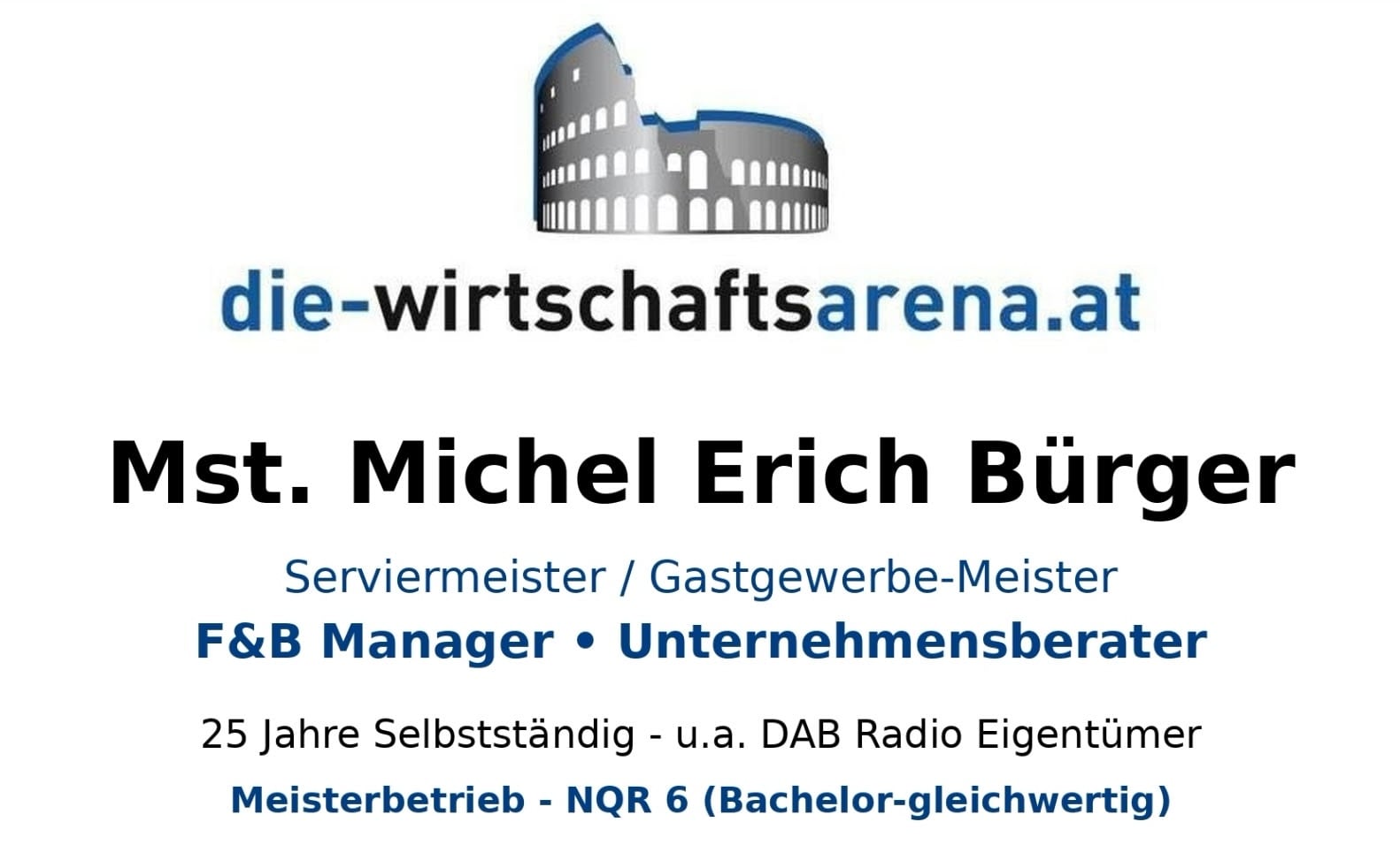 Visitenkarte von Mst. Michel Erich Bürger, Serviermeister und Gastgewerbe-Meister, F&B Manager und Unternehmensberater